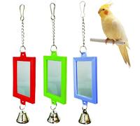 SWEETBIUTI Budgie Mirror 3Pcs Bird Mirror for Cage, 3 Color Rectangular Bird Mirror with Bell Charm Cage Toys, 2.4x8.7 Inch Hanging Bird Toys with Hook, Gifts for Pet Bird