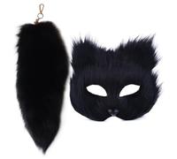 SWEETBIUTI Cat Mask & Therian Tail Set - Furry Fox Mask & 16'' Long Fox Tail Keychain Half Face Masquerade for Cosplay & Fancy Costume Party Accessory - Black