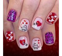 Sweetheart False Nails 24Pcs Short Square Design Featuring Glitters Hearts Artificial for Dates Parties Valentines Day Glitters False