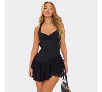 Sweetheart Neck Ruched Bust Skirt Panel Mini Dress In Black Lace, Women's Size UK Medium M