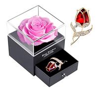 SWEETIME Forever Pink Rose Jewelry Gift Box, Enchanted Real Rose with Ruby Rose Brooch, Eternal Handmade Preserved Rose Flower for Women,Wife, Girlfriend on Valentine's Day, Birthday, Mother's Day.