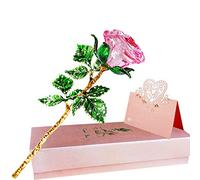 SWEETIME Pink Rose Birthday Gift for Women, K9 Glass Rose with Wish Card, Galaxy Rose Flower, Crystal Rose with Green Leaves, Unique Gift for Her on Thanksgiving, Christmas, Wedding,Valentine's Day.