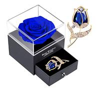 SWEETIME Preserved Blue Rose Gift With Sapphire Brooch - Enchanted Real Eternal Flower, Handmade in Box With Pin - Forever Gift for Her on Mother's Day, Birthday