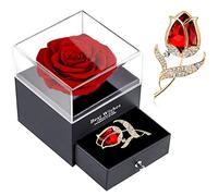 SWEETIME Red Rose Gift Box Enchanted Real Rose with Ruby Rose Brooch, Eternal Rose Flower in Jewelry Box, Handmade Preserved Rose,Forever Red Rose Gift for her On Mother's Day, Anniversary.