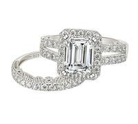 SweetJew Emerald Shaped Wedding Rings for Women Bridal Rings Set 925 Sterling Silver Engagement Ring for Women Halo Wedding Bands Size N