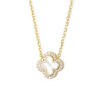 SweetJew Four Leaf Clover Pendant 925 Sterling Silver Necklaces for Women Pave 28 Round Moissanite Stone and Mother of Pearl Gift for Her 18 Inch Yellow Chain
