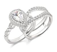 SweetJew Pear Cut Wedding Rings Set for Women Bridal Ring 925 Sterling Silver Halo Cubic Zirconia Size T 1/2