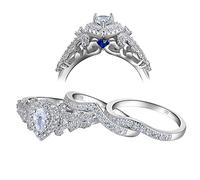 SweetJew Pear Shaped Wedding Rings Bridal Set for Women Sterling Silver Blue Sapphire Stone Size R