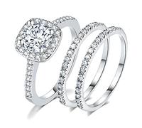 SweetJew Silver Wedding Rings for Women Halo Round Cut AAAAA Cubic Circonia 3 Pieces Bridal Engagement Rings Set Simulated Diamond Size H