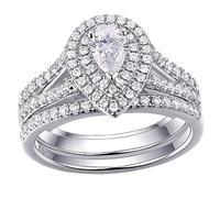 SweetJew Solid 925 Sterling Silver Double Halo Pear Shaped Wedding Rings Set for Women 5A Cubic Zirconia Size S