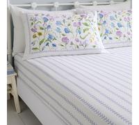 Sweetpea Floral 100% Cotton Fitted Sheet Double 135 x 190cm - 28cm Deep Fit White Bed Sheet with Soft Breathable Natural Fabric, Elegant Floral Design for Double Mattress, Lilac