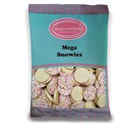 Sweets and Candy® Mega Snowies 1Kg - Retro Giant Snowies - White Chocolate Flavour Candy Discs with Colourful Sprinkles on Top - Bulk 1 Kilo Bag - Pick and Mix Share Size Bags