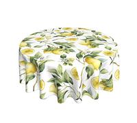 Sweetshow Lemon Tablecloth Round 60 inch Spring Summer Retro Watercolor Lemon Yellow White Floral Print Decorative Table Cloth Decor for Home Kitchen Dining Room