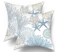 Sweetshow Nautical Coastal Throw Pillow Covers 18x18 Inch Summer Ocean Themed Seashell Coral Starfish Pillow Cases Set of 2 Soft Cotton Square Cushion Covers for Home Couch Sofa Patio Bedroom