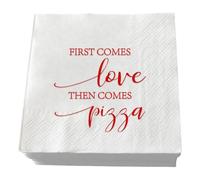 SWEETTALA 50 Pack Wedding Napkins Red Foil "First Comes Love Then Comes Pizza" White Paper Cocktail Napkins Bar Berverage for Engagement Rehearsal Dinner Luncheon Dinner Party Decorations 3-Ply