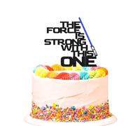 SWEETTALA The Force Is Strong with This One Cake Topper, Space Wars Baby First Birthday Cake Decorations, Jedi Blue Lightsaber for Baby Boys, One Year Old Party