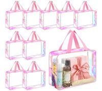Sweetude 10 Pcs Large Clear Toiletry Bag Large Capacity Travel Iridescent Makeup Bag PVC Clear Plastic Tote Punch Cosmetic Clothes Organizer for Women Men, Pink