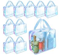 Sweetude 10 Pcs Large Clear Toiletry Bag Large Capacity Travel Makeup Bag PVC Clear Plastic Tote Punch Iridescent Cosmetic Clothes Organizer for Women Men, Blue