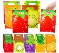Sweetude 100 PCS Fruit Party Favor Bags with Handles Fruit Theme Goodie Bags Treat Candy Snack Gift Stuffed Orange Strawberry Pineapple Kiwi Grape Pattern for Summer Birthday Party Supplies