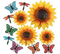Sweetude 12 Pcs Metal Sunflower Wall Decor with Colorful Dragonfly and Butterfly Decor Flowers Wall Art Metal Yellow Summer Flowers Hanging for Garden Fence Patio Yard Outdoor Porch Home