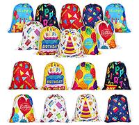 Sweetude 18 Pcs Large Birthday Gift Bag Birthday Party Drawstring Canvas Backpack Happy Birthday Bag 11.81 x 9.84 Inch Reusable Gym Sports Return Gift String Backpack for Men Women Kids, 9 Designs