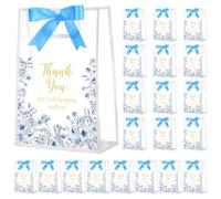 Sweetude 20 Pcs Blue Floral Clear Wedding Gift Bags with Handles Thank You for Celebrating with Us Plastic Wedding Favor Gift Bags and Ribbon for Bridal Shower Hotel Guests Party, 7 x 10 x 3.15 Inch