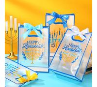 Sweetude 20 Pcs Happy Hanukkah Gift Bags with Die Cut Handles Clear Plastic Happy Hanukkah Party Gift Bag with Ribbon for June 19th Pink Ribbon Party, 7 x 10 x 3.15 Inch