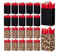 Sweetude 24 Pcs Cheetah Print Gift Bags with Red Tissue Paper, Leopard Print and Black Paper Bags with Handle for Women Bachelorette Party Animals Theme Birthday Halloween