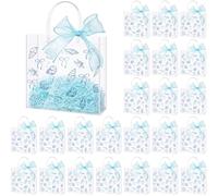 Sweetude 24 Pcs Seashell Clear PVC Gift Bags Bulk with Handle and Ribbon, Blue Bow Seashell Party Favor Bags Goodie Treat Tote for Birthday Summer Wedding Party Supplies, 7.9" x 7.9" x 3.2"