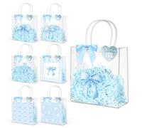 Sweetude 24 Set Blue Bow Clear Gift Bags Candy Bag with Handle 8 x 8 x 3 Inch Cute Reusable Plastic Tote Bags with Ribbon Bows for Wedding Birthday Baby Shower Party Supplies