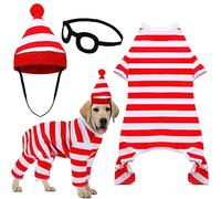 Sweetude 3 Pcs Red and White Striped Dog Halloween Costumes Puppy Shirts with Glasses and Hat Halloween Cosplay Clothes Outfits Apparels for Dog Party