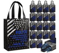 Sweetude 30 Pcs Police Gift Bags Bulk American Flag Theme Bags with Handle Reusable Blue and White Gift Treat Bag for Cops Patriotic Police Week Memorial Day Graduation Retirement Birthday Party Favor