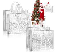 Sweetude 4 Pcs Extra Large Christmas Gift Bags 20 x 16 Inch Silver Reusable Christmas Tote Bags Silver Non Woven Fabric Giant Gift Bag with Handles for Holidays Xmas Wrapping Party Favor Supplies