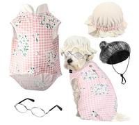 Sweetude 4-Piece Old Lady Dog Costume Set - Pink Floral Dress, Lace Sunbonnet, Old Lady Wig, Retro Sunglasses - Halloween, Christmas, All Breed Sizes