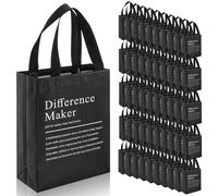 Sweetude 50 Pcs Difference Maker Thank You Gift Bags with Handles Bulk Reusable Non Woven Appreciation Goodie Bags Foldable Handbag (Black)