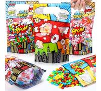 Sweetude 50 Pcs Hero Party Favor Bags Comic Clear Hero Plastic Bag with Handles Resealable Comic Birthday Sealing Pouches for Boom Theme Birthday Party Baby Shower Candy Gift Wrap Supplies Decoration