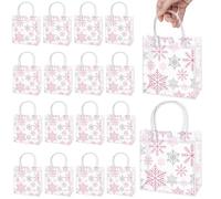 Sweetude 50 Pieces Christmas Snowflake Clear Gift Bags Party Favor Plastic Winter Wine Gift Tote Bags with Handles for Birthday Wedding Party Supplies 6.3 x 5.91 x 3.15 Inches (Pink)
