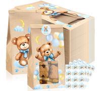 Sweetude Baby Shower Gift Bags, Bakery Bags with Window and Stickers, 4 x 2.4 x 6.7 Inch Blue Bear Baby Shower Kraft Paper for Boys Birthday Party Decorations Pack of 60