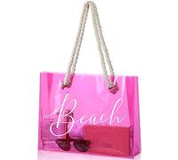 Sweetude Clear Beach Tote Bag Transparent Plastic PVC Women's Large Tote Waterproof Stadium Bags for Girl Summer Pool Party, Pink, L