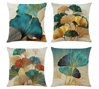 Sweetwill Set of 4 Decorative Cushion Covers 50cm x 50cm Linen Jungle Throw Pillow Cases Gold Teal Farmhouse Natural Cushion Covers 20x20 inches Sofa Cushions Modern Living Room Outdoor Garden