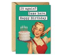 SWEETZER & ORANGE 29 Again Birthday Card - Funny Card for Women with Retro Design, Kraft Gold Envelope & Sticker - 5x7” Thick Cardstock - For Best Friend, Her or Any Timeless Wonder