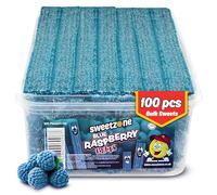 Sweetzone Blue Raspberry Belts Sweets Tub, Fizzy Halal Sweets Candy in Bulk, 1.1kg Tubs of Retro Pick and Mix, 100 Pcs of Fruity and Vibrant Gummy Strips, Chewy Fruity Treats for Everyone