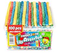 Sweetzone Fizzy Assorted Pencils, Fruity Sour Candy Sticks Soft Retro Sweeties, Halal Bulk Sweet Box, 100 Pcs, Bulk Sweet Tubs With Gummy Candy For Kids, Party Fun And Colourful Chewy Gummies
