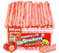 Sweetzone Fizzy Strawberry Pencils, Sweet Tub 100 pcs, Retro Sweets Tub, Candy Sticks, Halal Sweet, Sweets Bulk, Gummy American Candies, UK British Candy Enthusiasts