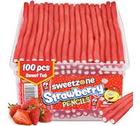 Sweetzone Strawberry Pencils, Retro Sweets Tub, Candy Sticks, 100 pcs, Halal Sweets, Sweets Bulk, Sweet Cart, Gummy Sweets, American Candy, UK British Sweets for Sweet Enthusiasts