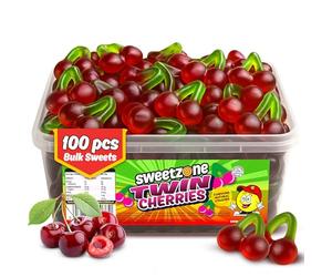 Sweetzone Twin Cherries Sweet Tub, 100 Pcs, 800g, Halal Sweets, Sour Sweets, Gummy Candy, Jelly Candy, and Gummy Candy in Fun Tubs of Sweet, Fruit Flavour Gums for Everyone