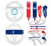 SWeien 8-in-1 Game Bundle, 2 Pack Wii Remote Motion Plus Controllers with Nunchucks, 2 Mario Kart Steering Wheels & 2 Zapper Light Guns, Compatible with Nintendo Wii/Wii U