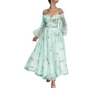 SWEMILE Flower Embroidery Prom Dresses Lace Tulle Bridesmaid Dress Off Shoulder Long Puffy A-Line Formal Evening Party Gown Light Green UK14