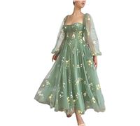 SWEMILE Flower Embroidery Prom Dresses Puffy Sleeve A-line Tulle Evening Party Gowns 2023 Tea Length for Women Formal Long Sleeve Green M