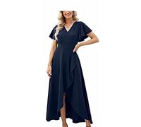 SWEMILE Formal Dress Mother of the Bride Side Split V Neck Wrap Ruffle Wedding Guest Dresses Navy Blue M